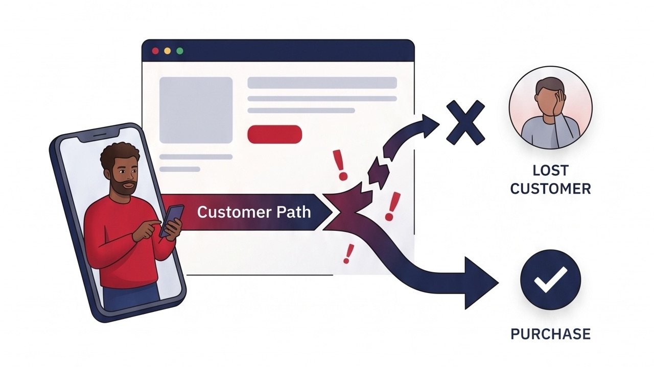 A customer arriving on a website hits friction and either bounces away as a lost customer or completes a purchase.